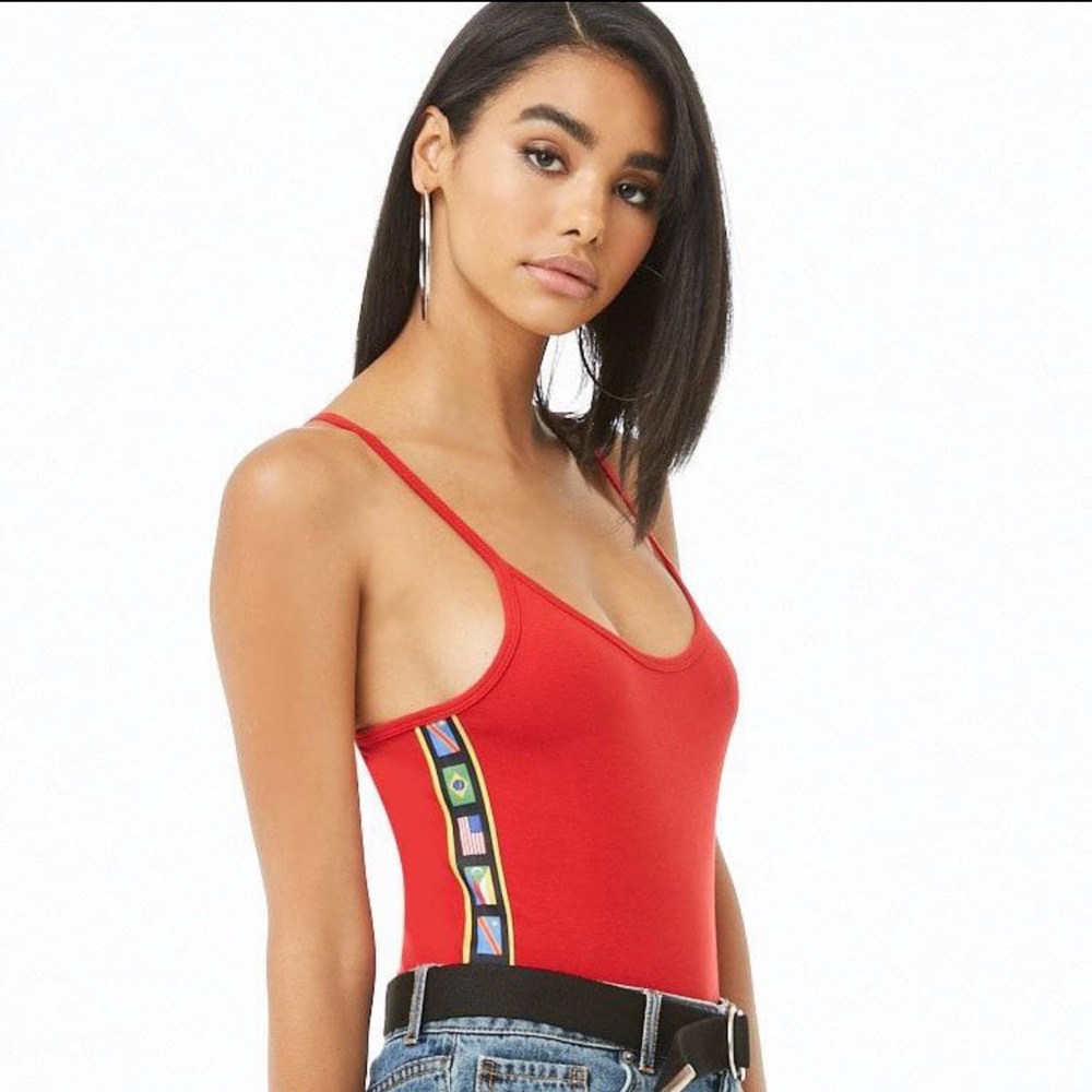 FOREVER 21 Red Side Striped Flag Bodysuit